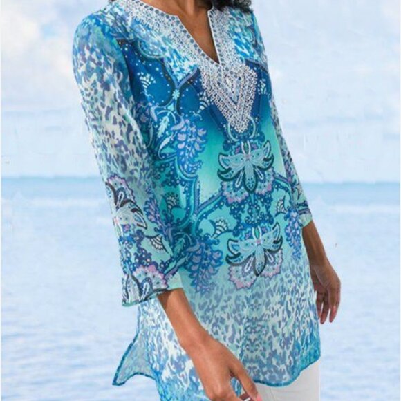 Chico's Embellished Tranquil Turquoise 3/4 Sleeve Coastal Tunic ~ Medium ~ NWT - Picture 1 of 9